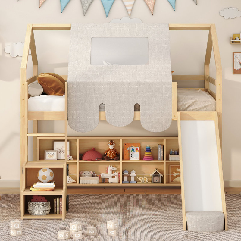 Cadre de lit mezzanine en bois avec tente, Lit double, Naturel