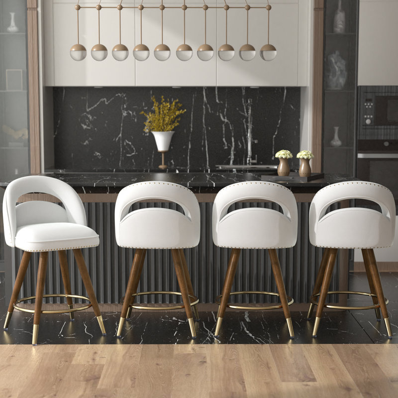 Gray Velvet Swivel Counter Stools with Solid Wood Legs, Set of 4