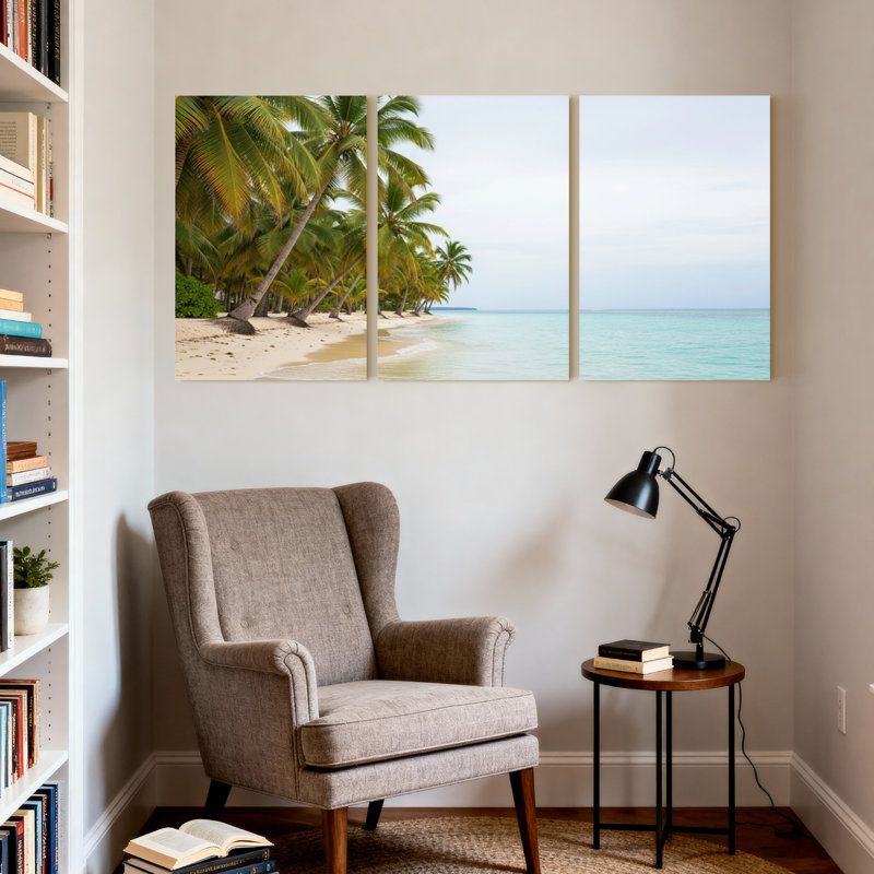 Palmiers, plage tropicale, palmiers, vue sur l'océan, ensemble de 3 impressions sur toile, H 18 po x l 36 po