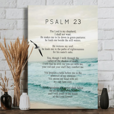 'Psalm 23' Serene Beach Scene with Seagull Spiritual Wrapped Canvas Wall Art - 24x36x1