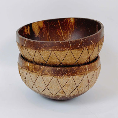 Coconut shell bowl crisscross pattern set of 2 - CSB002B