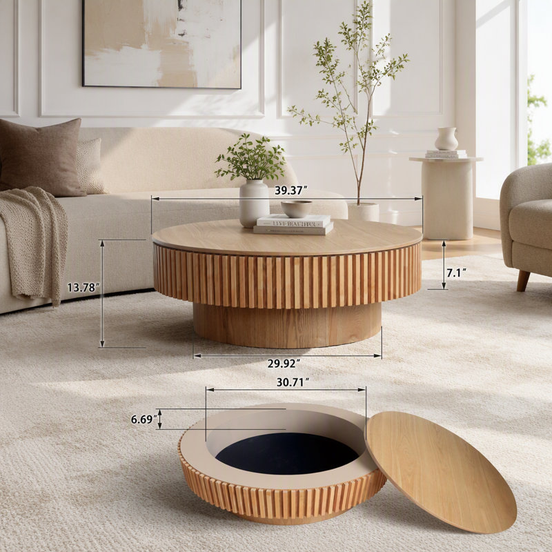 Table basse ronde avec rangement caché, 55 lb, Bois naturel