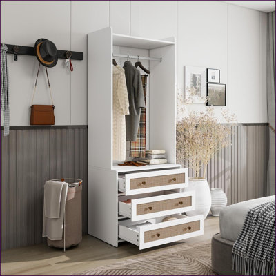 Chests & Wardrobes: Minimalist White Armoire with 3 Rattan Drawers & Hanging Rod | White | Particle Board+MDF by Latitude Run