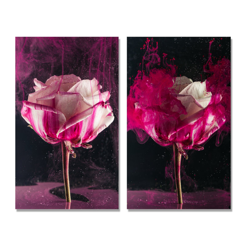 Ensemble de 2 peintures sur toile - Gros plan d'une rose rétro, Toile tendue, H 20 po x l 24 po x P 1 po