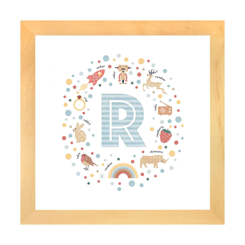 Lettre illustrée R bleue - impression, Blanc, H 24 po x l 24 po x p 1 po, Papier avec cadre beige