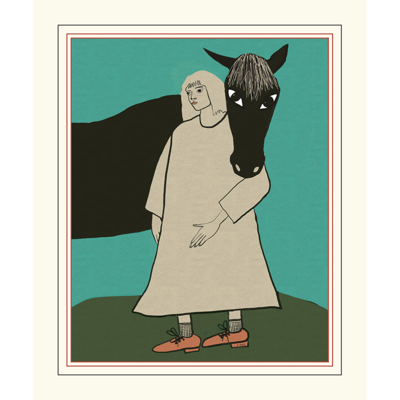 Cheval noir et femme, H 25,75 po x l 21,75 po