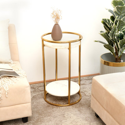 Marble Side Table with 2-Tier Gold Frame