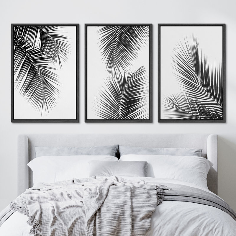"Minimal Botanical" noir et blanc, palmier tropical, feuilles, impression sur toile encadrée moderne et organique, 3 pièces