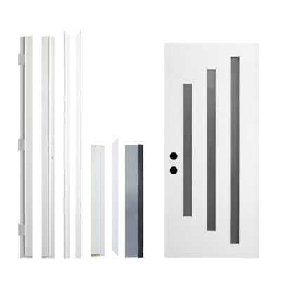 36 in. x 80 in. 3 Lite Right-Hand Frosted Glass Black Fiberglass  Front Door with Threshold, Hinges