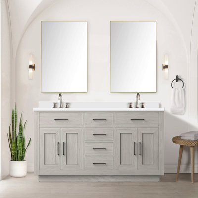 Meuble-lavabo double en chêne 60 po X P 22 po D, avec plateau en quartz blanc