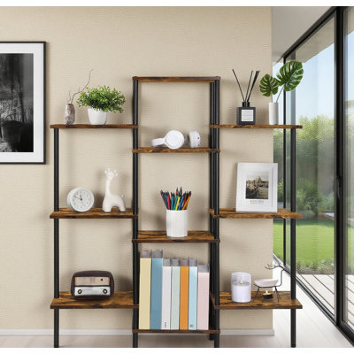 4-Tier Bookcase With Open Shelves, Rustic Industrial Style Storage Shelf For Books, Cds, Movies, And Display, Sturdy Metal Frame And MDF Board Construction For Living Room, Home Office, Or Balcony