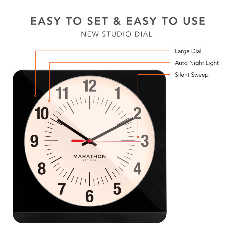 Marathon Black and White Analog Wall Clock with Auto Nightlight