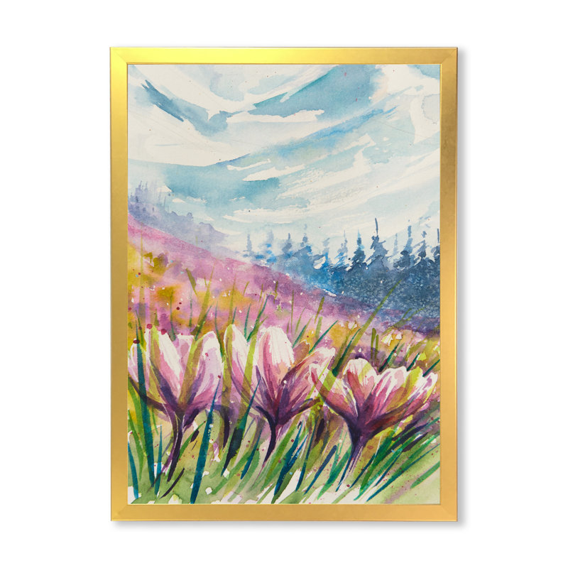 «Crocuses Meadow In Abstract Mountains», art mural traditionnel sur toile, Toile avec cadre photo doré