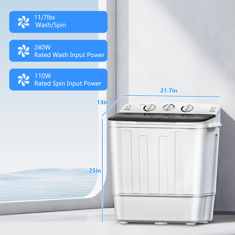 Machine à laver portative Erivess avec support de séchage et 10 cintres, mini machine à laver compacte de 18 lb, laveuse à cuve simple de 11 lb et essoreuse de 7 lb, laveuse pour appartement, dortoir, véhicule récréatif, noir