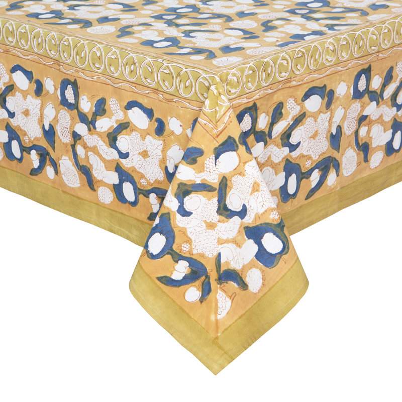 Forest Harvest Handmade Floral Tablecloth, 106" x 71", Mustard/Blue