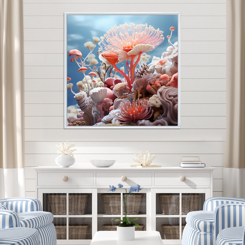 Explorations de récifs coralliens roses - art de corail, H 36 po x l 36 po x P 1,5 po, Cadre flottant blanc