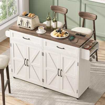 Mobile Kitchen Island, Kitchen Island Cart With 2 Drawers And Charging Station, Island Table For Kitchen, Home Bar Carts With Storage