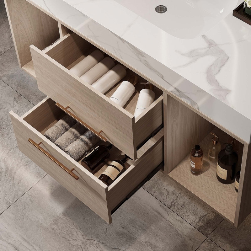 Meuble-lavabo moderne flottant avec lavabo en céramique et 2 tiroirs à fermeture en douceur, fixé au mur pour une meilleure efficacité