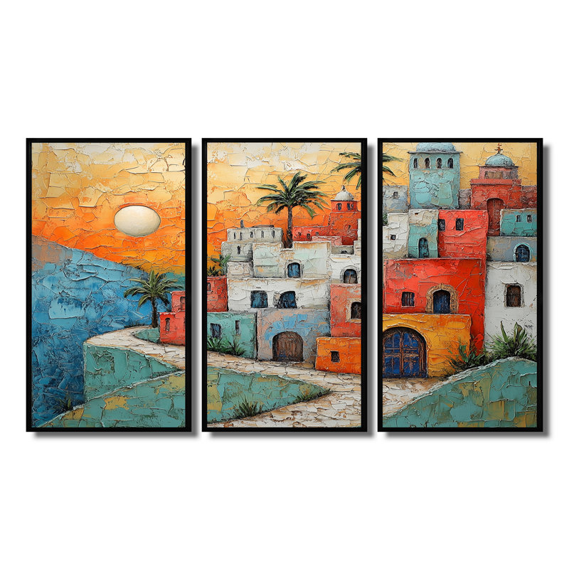 Maroc, ancien village, ensemble de décoration murale Casablanca, Toile avec cadre flottant noir, H 28 po x l 36 po x P 1 po