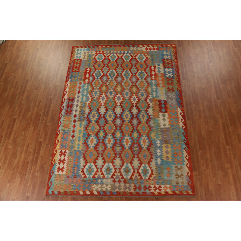 Tapis rouge / bleu / beige en laine tissé à plat à la main Ikat 8 pi 3 po x 11 pi 7 po