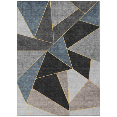 3' X 5' Blue Charcoal And Gray Geometric Washable Indoor Outdoor Area Rug