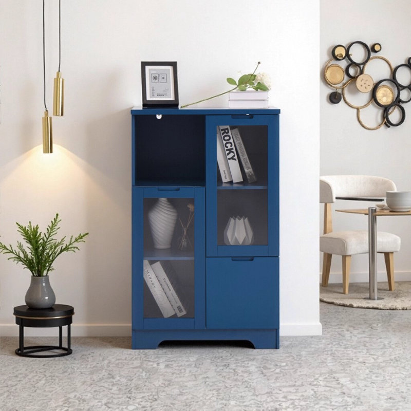 Armoire de rangement en panneau de fibres à densité moyenne bleu marine avec portes et tiroir en verre, conception moderne sans poignée pour le salon / chambre à coucher, l 25,6 po x P 11,8 po x H 39,4 po