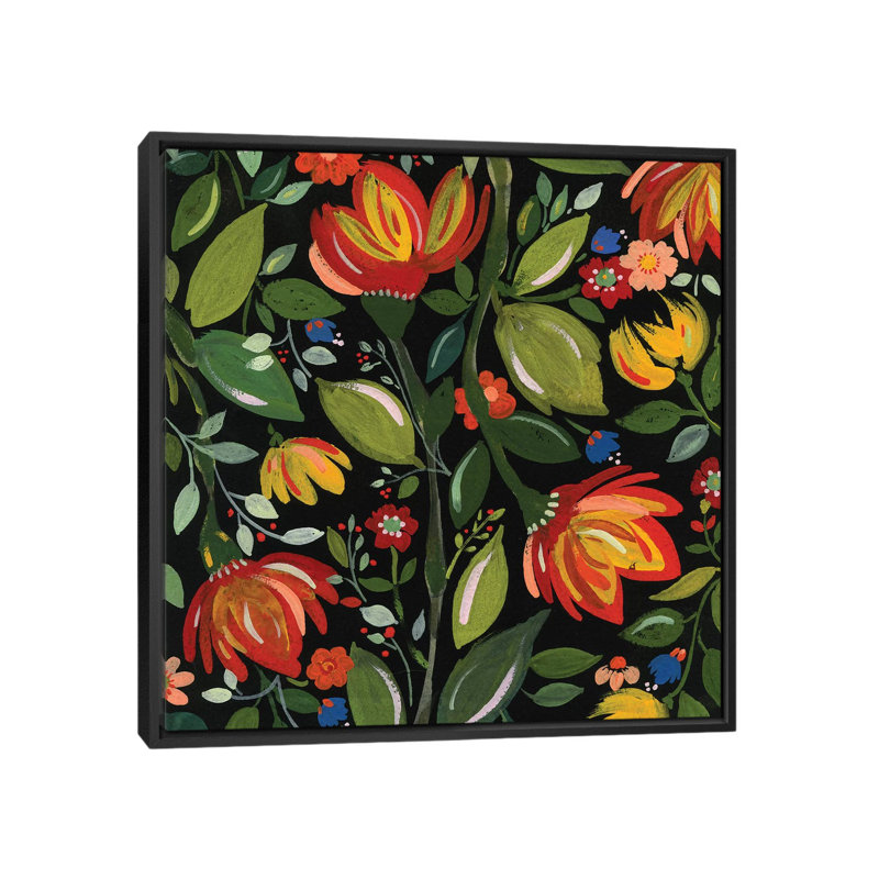 " Haitian Flowers " by Kim Parker, 18" H x 18" W x 1.5" D, Black Framed Canvas, No Mat