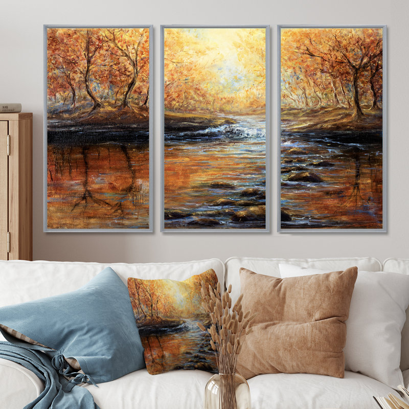 «Morning Light In The Autumn Forest», peinture sur toile 3 pièces, H 32 po x l 48 po, Argent argent