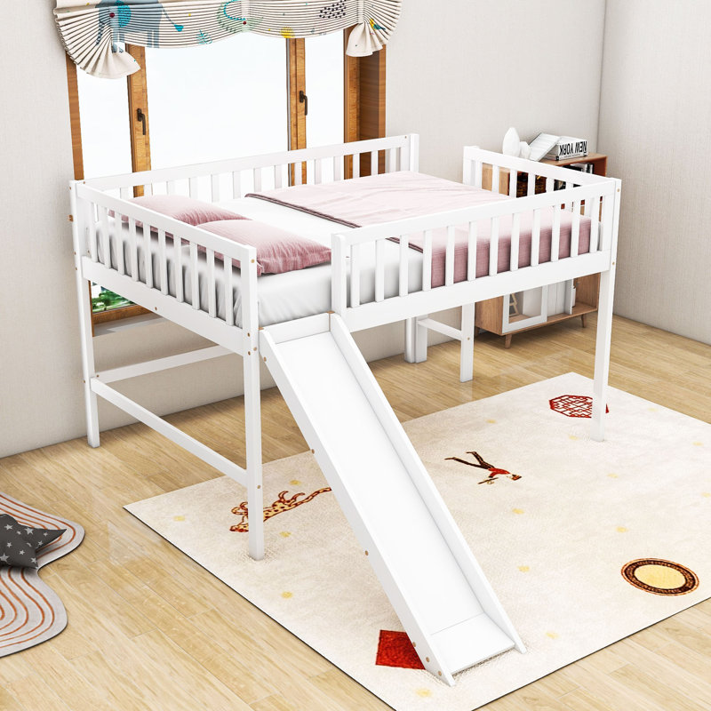 Lit mezzanine double en bois pleine grandeur avec glissade, Blanc