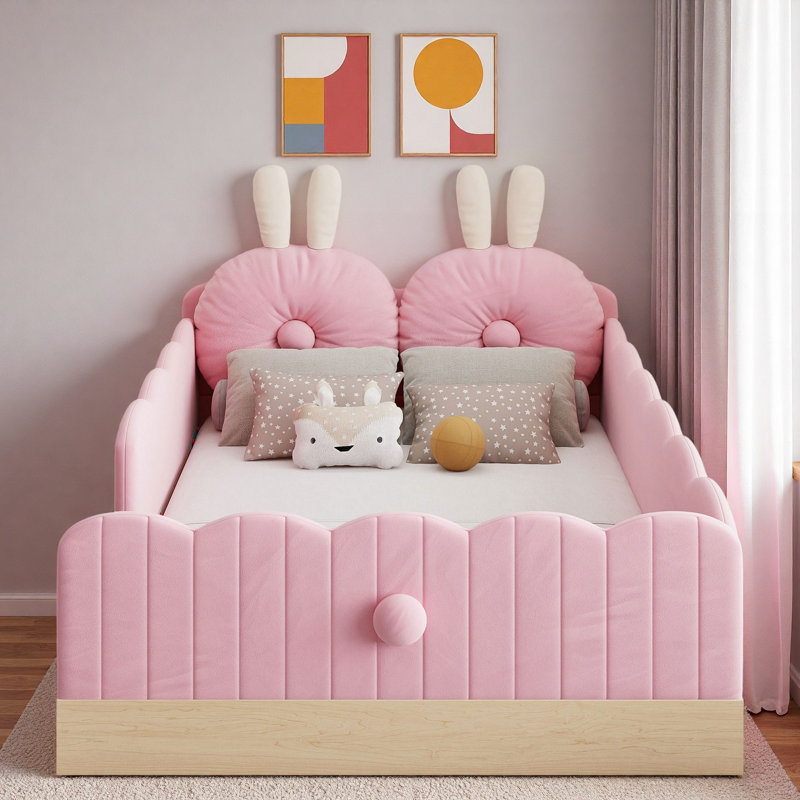 Lit plateforme tapissier avec coussins en forme d'animaux et sacs de rangement, Rose