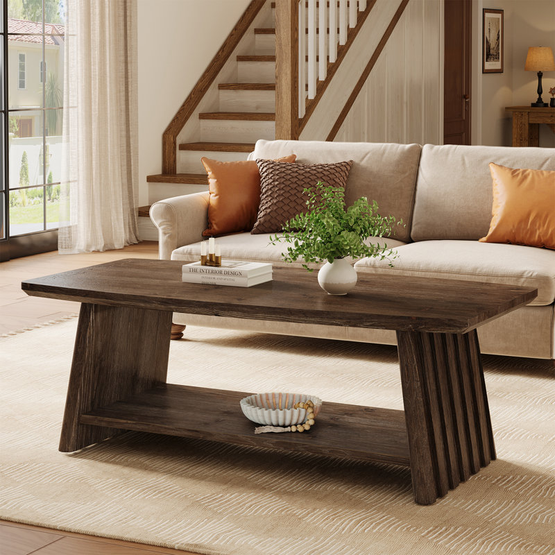 Table basse de 47 pouces en bois massif avec rangement, table de centre de ferme à 2 niveaux avec panneaux cannelés uniques