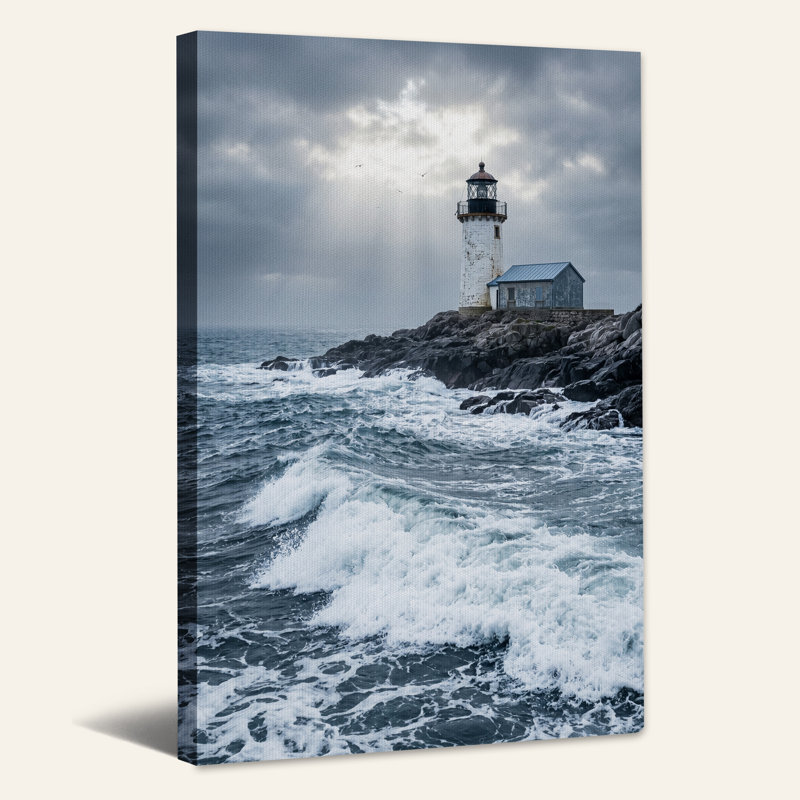 Art mural sur toile avec phare blanc sur une côte rocheuse avec vagues, H 18 po x l 12 po