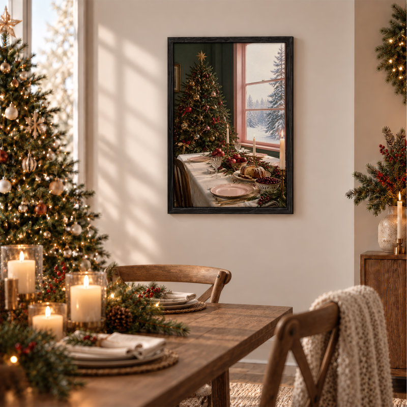 " Holiday Feast Table With Tree And Snow View Christmas ", 48"H x 32"W