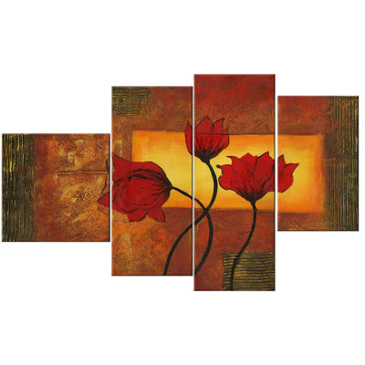 «Red Flowers Art», ensemble d'art floral sur toile 4 pièces