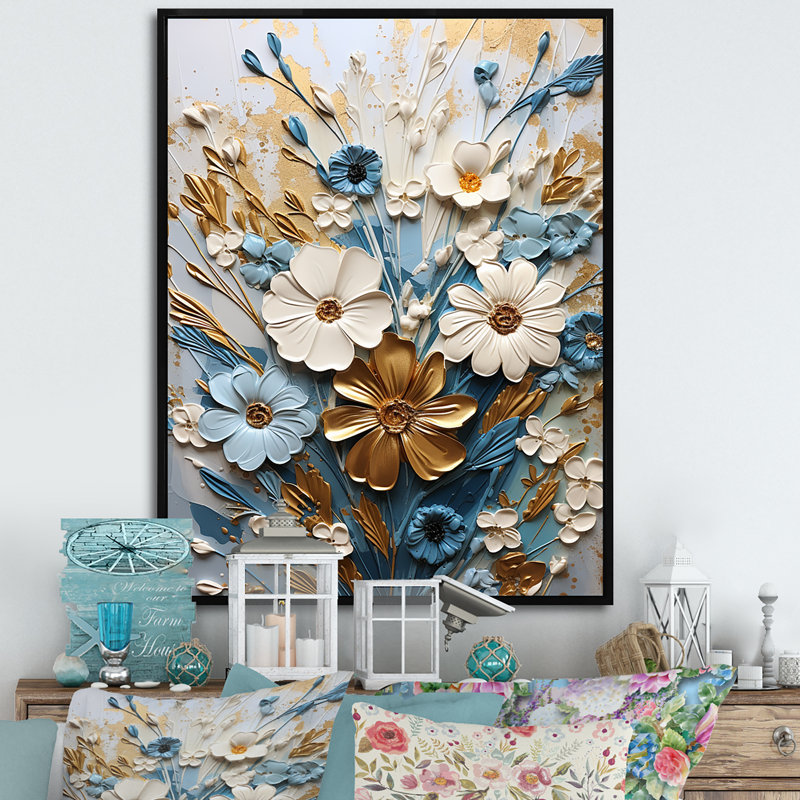 Rêves de fleurs dorées et blanches dorées III, H 32 po x l 24 po x P 1 po, Cadre flottant noir