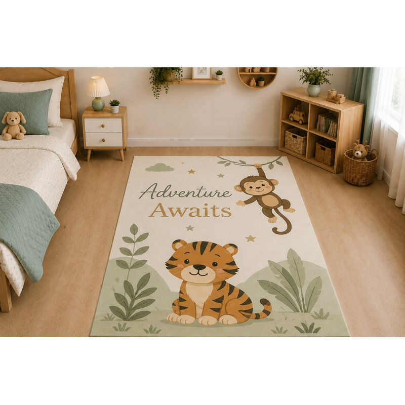 Tapis « Ultra Fin » 152 x 213 cm (5 pi x 7 pi) « L'aventure vous attend » pour chambre d'enfant, chambre à coucher, salon et bureau à domicile, tapis doux à poils courts avec envers antidérapant en silicone