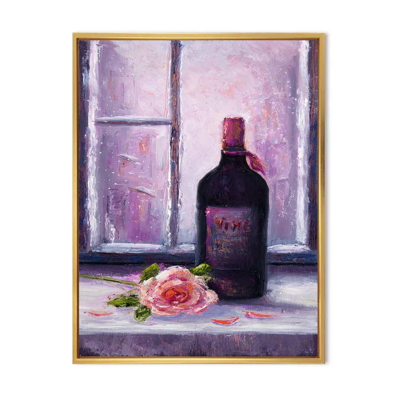 «Red Wine Bottle», peinture sur toile, H 20 po x l 12 po x P 1 po, Cadre flottant doré