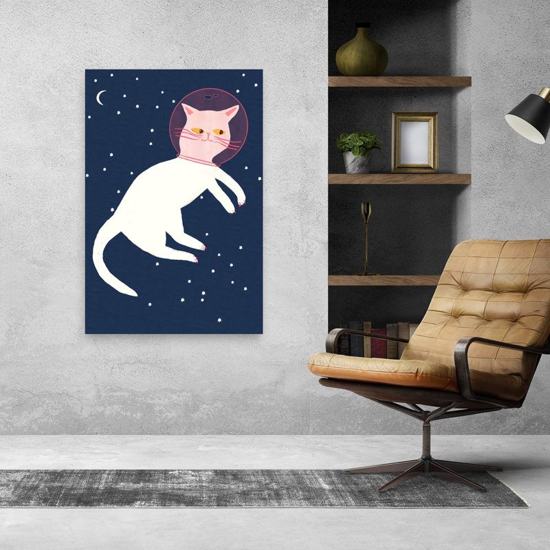 Cosmic Cat, astronaute, abstrait, chat contemporain, paysage, art mural, 48" H x 32" W