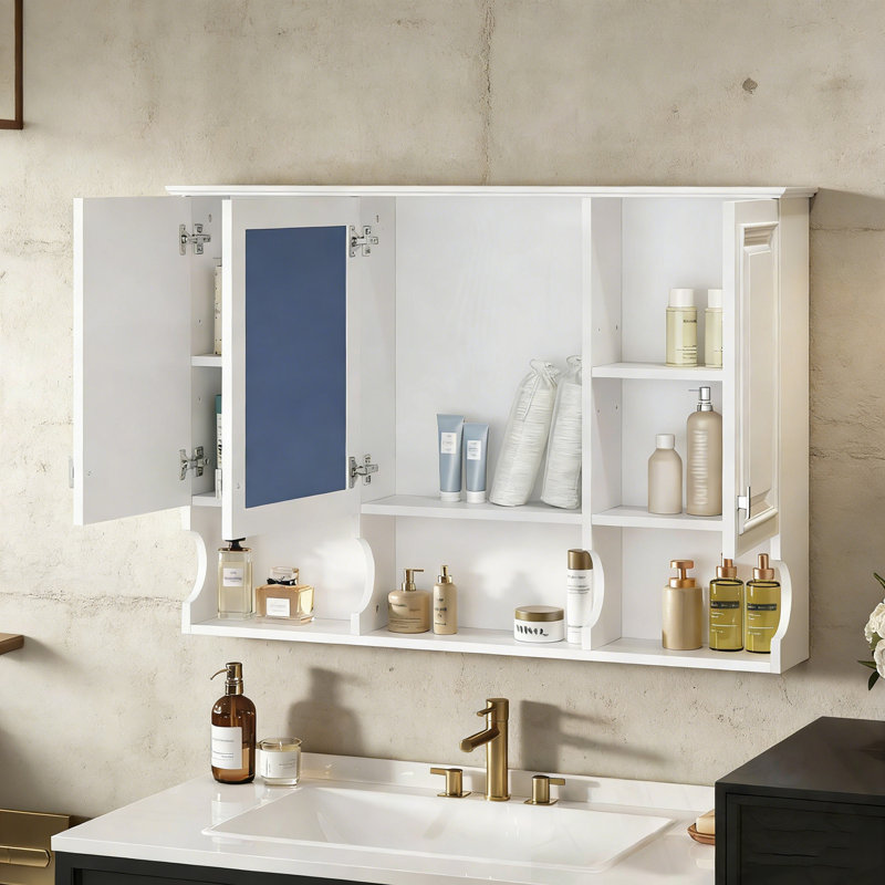 Armoire à pharmacie à miroir avec tablettes ouvertes et poignées en métal, Blanc