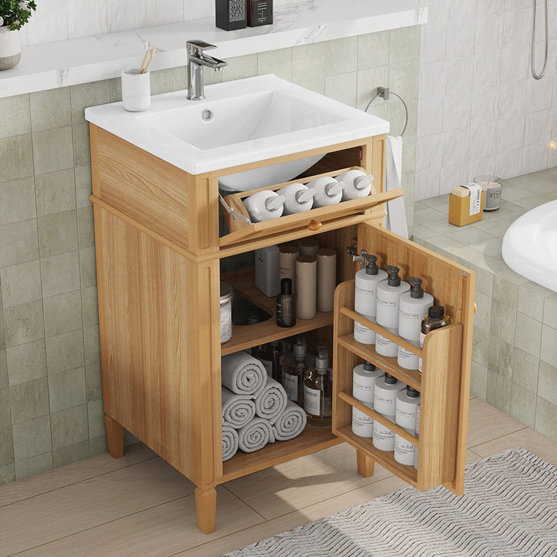 Meuble-lavabo en bois avec lavabo, pieds en bois massif, tablette réglable, tiroir inclinable et conception autoportante moderne pour les petites salles de bain