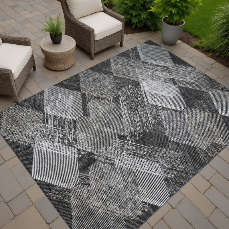 Machine Washable Indoor/Outdoor Chantille ACN2637 Geometric Rug, Black, 5' x 7'6"