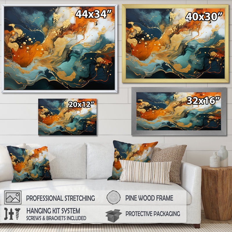 Tempête de marbre bleu et doré V - art mural abstrait, Toile tendue, H 16 po x l 32 po x P 1 po