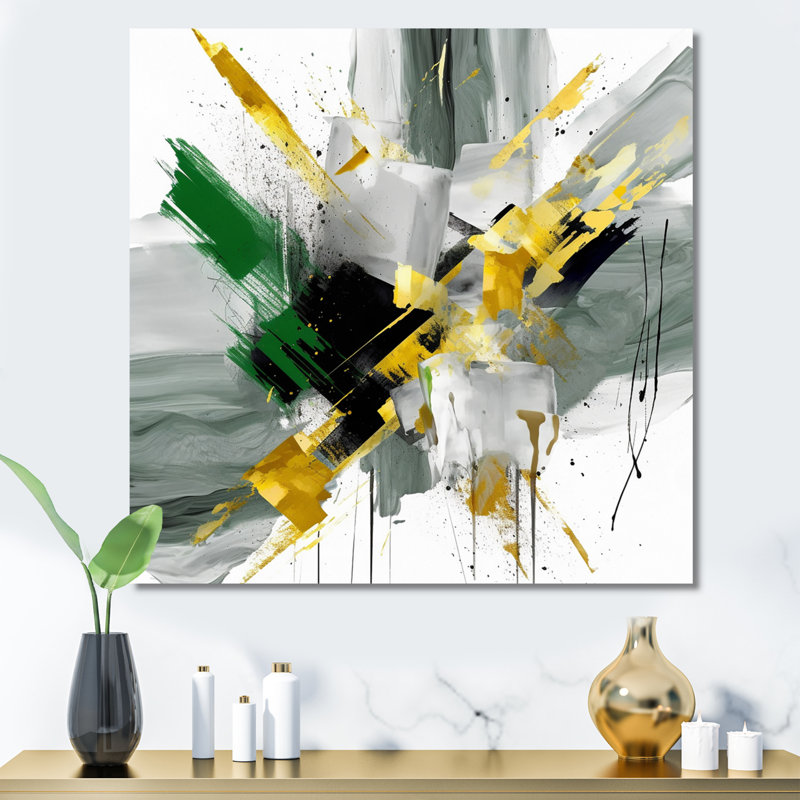 Perspectives abstraites jaunes et vertes II, Toile tendue, H 16 po x l 16 po x P 1 po