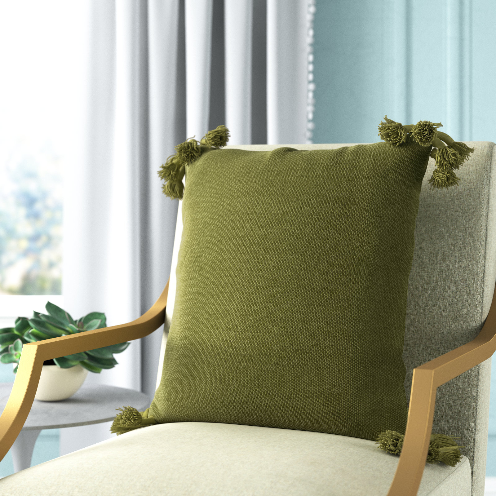 Almerton Tassels Cotton Throw Pillow, Green, Pillow Cover Only - No Insert