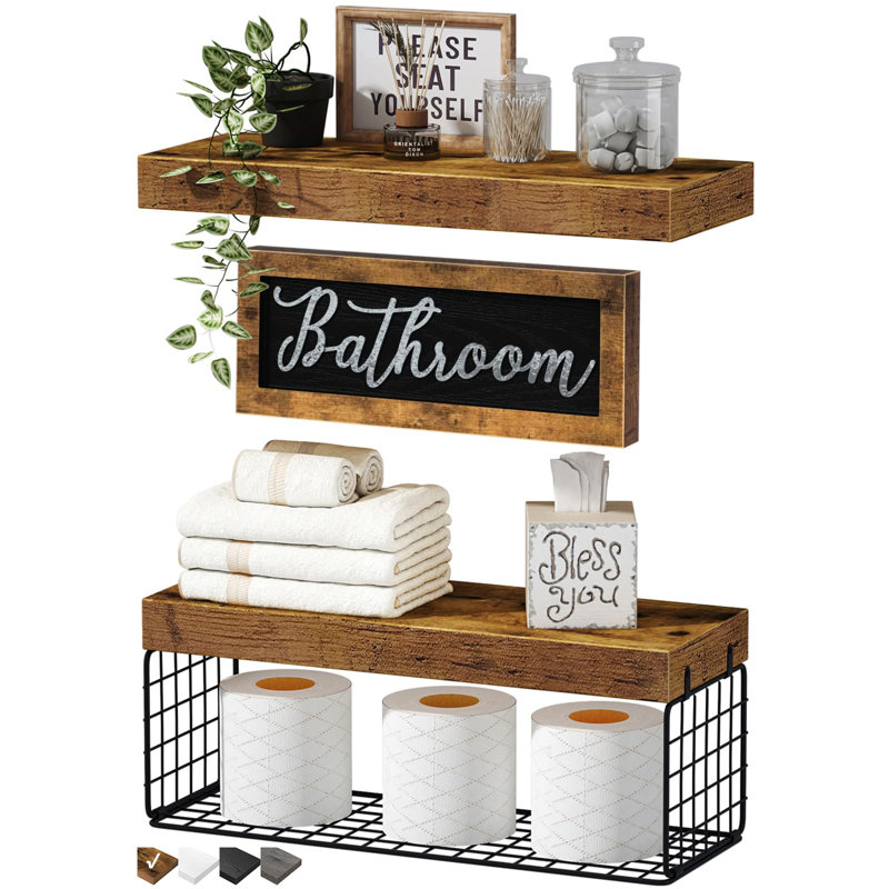 Bathroom Shelves Over Toilet, Small Floating Shelf 2+1 Set 15.7 Inch, Brown, Brown/Black