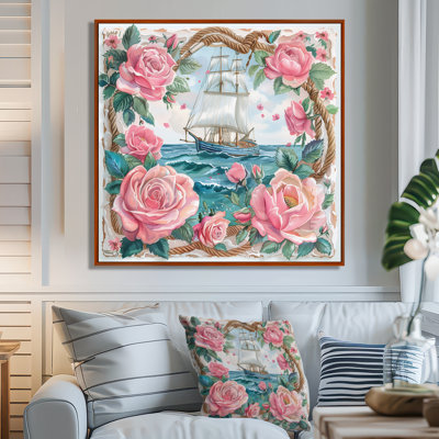 Pink Green Pirate Anchor With Pink Roses III - Coastal Wall Art Print