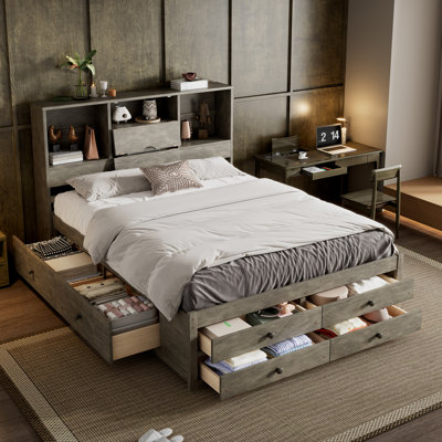 Lit plateforme grand format avec tête de lit avec rangement et 8 tiroirs, lit avec rangement peu encombrant, gris