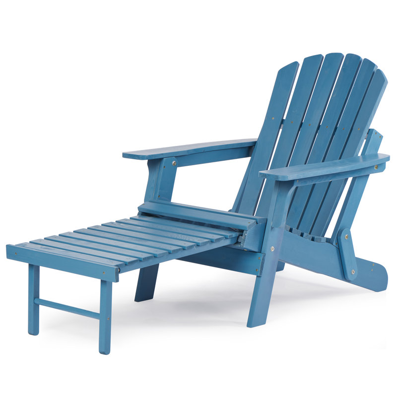 Oversized Outdoor Wooden Folding Adirondack Chairs with Retractable Ottoman, Dark Blue
