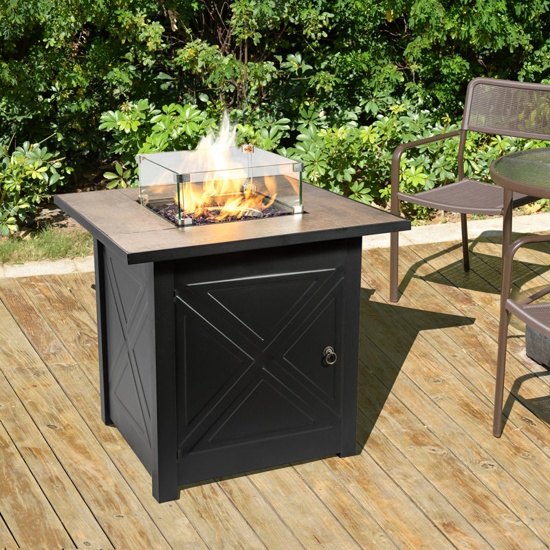 Black Steel Square Propane Fire Pit Table with Ceramic Top