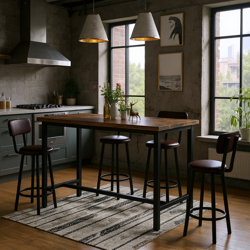 Enchantyd 5 Piece Kitchen & Dining Room Set with 4 Stools, Rustic Brown/Black/Brown PU
